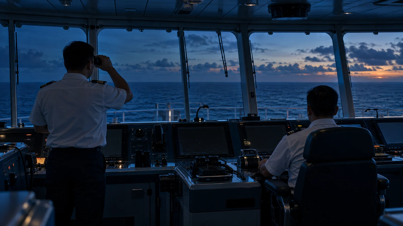 Illustration of maritime professionals on a modern ship bridge