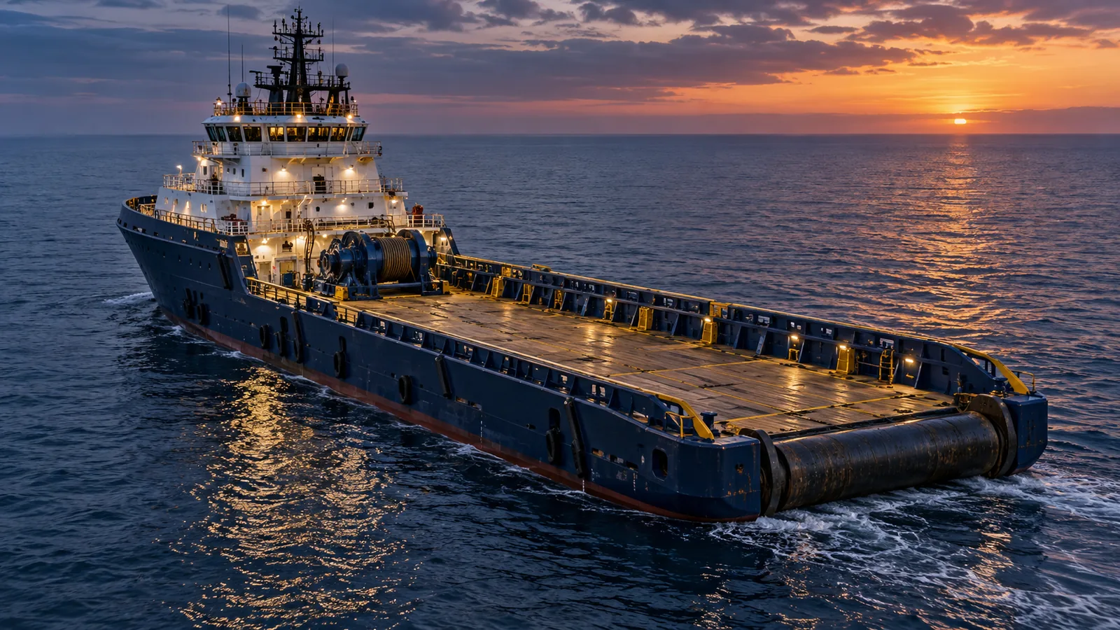 Representative illustration of an anchor handling tug supply vessel with aft working deck, towing winch and stern roller