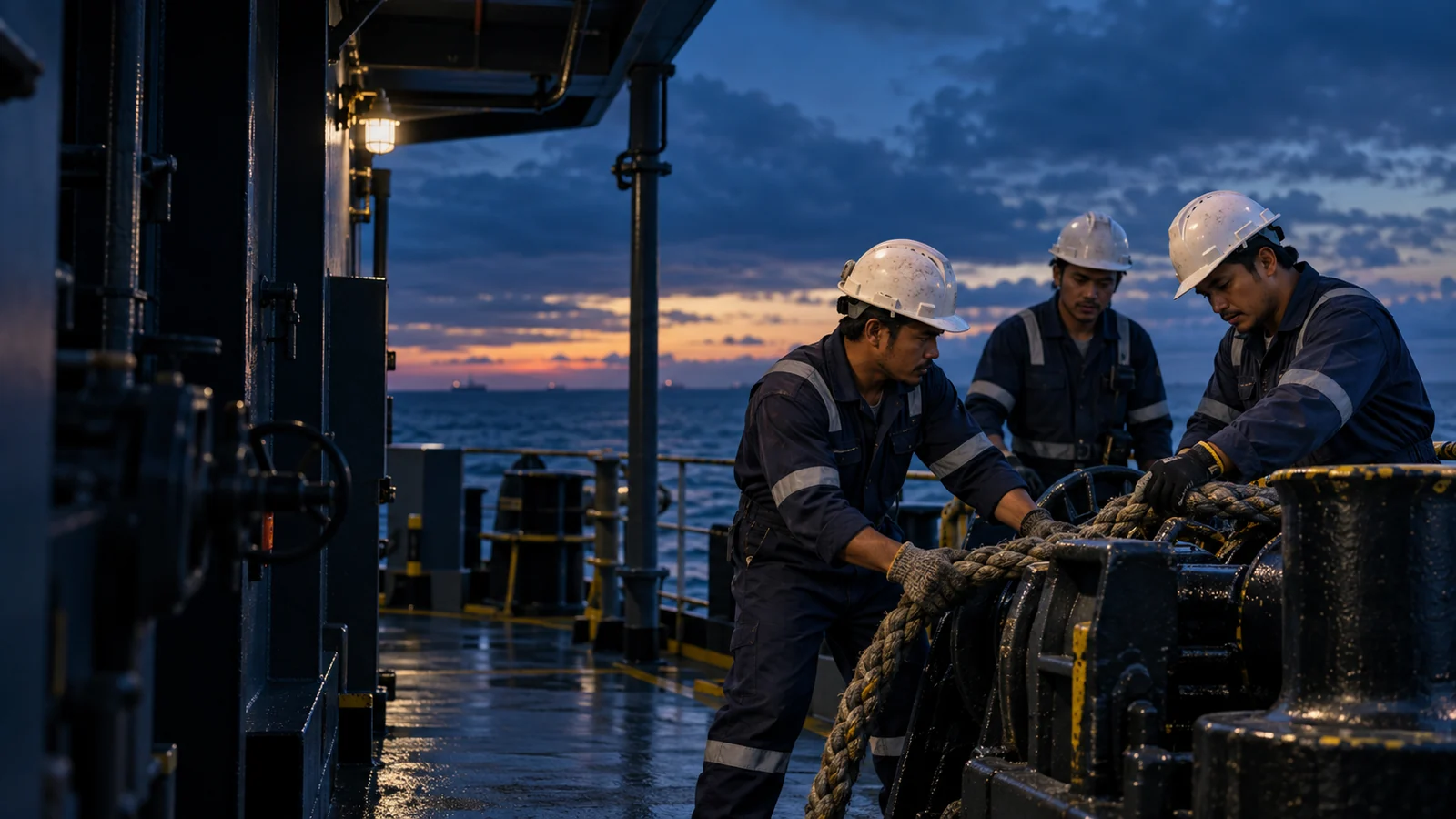 Illustration of Filipino maritime personnel collaborating on a vessel deck