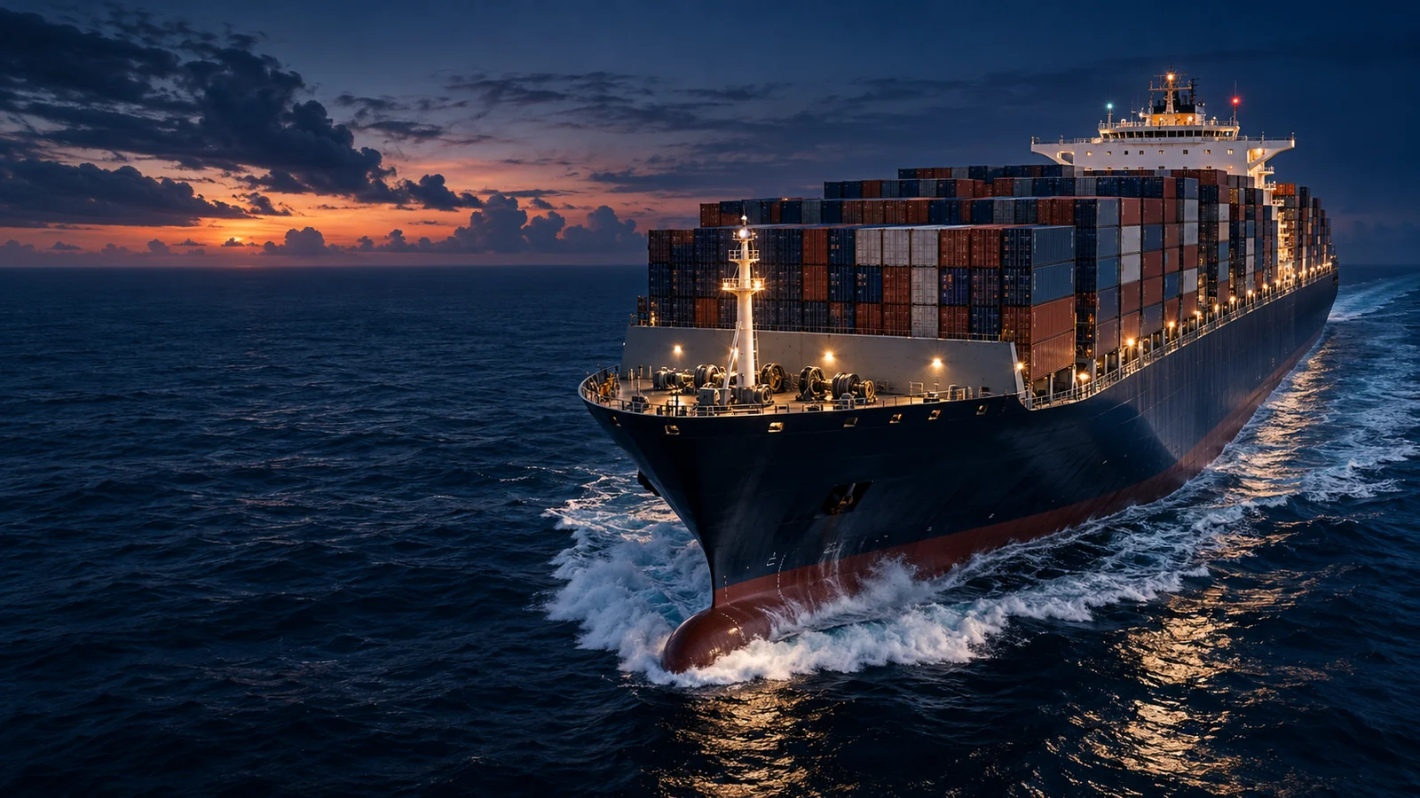 Cinematic illustration of a modern commercial vessel crossing the ocean at dusk