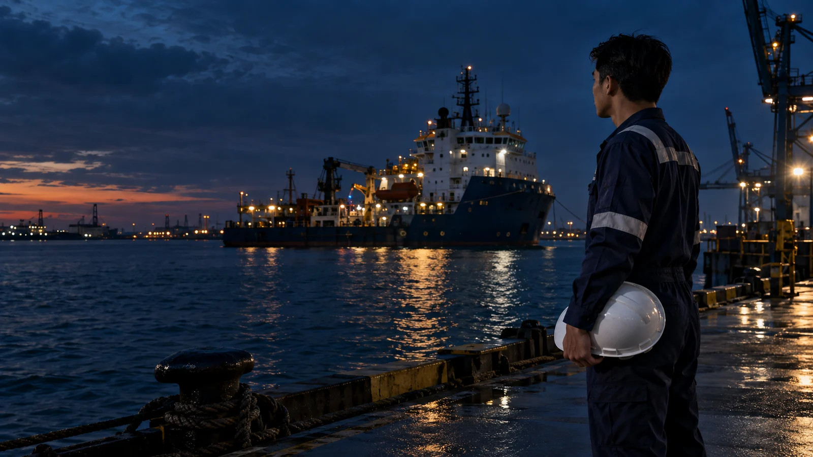Illustration of a Filipino maritime professional looking toward a vessel