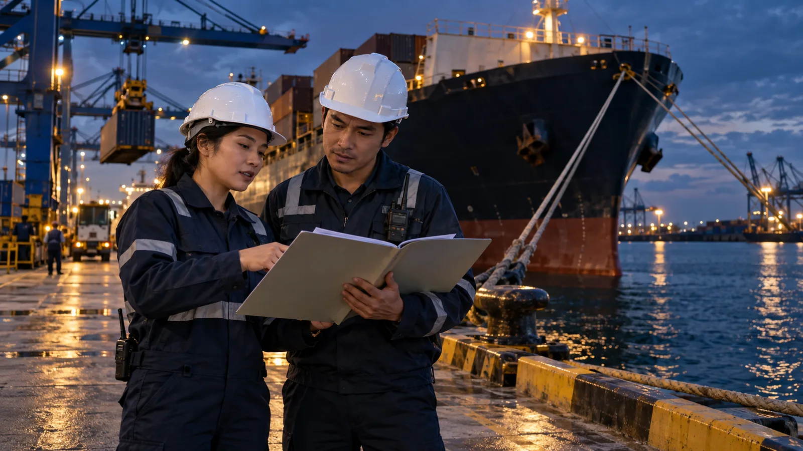 Illustration of maritime port coordinators reviewing documents beside a berthed cargo vessel