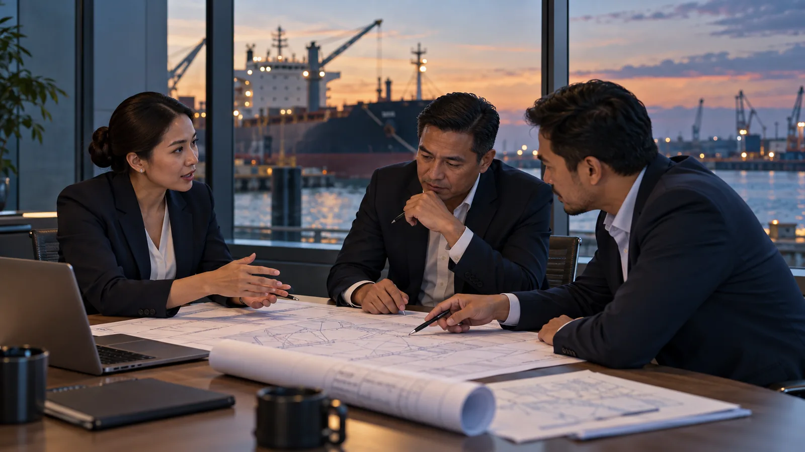 Illustration of maritime business professionals discussing ship plans with a port vessel beyond the window