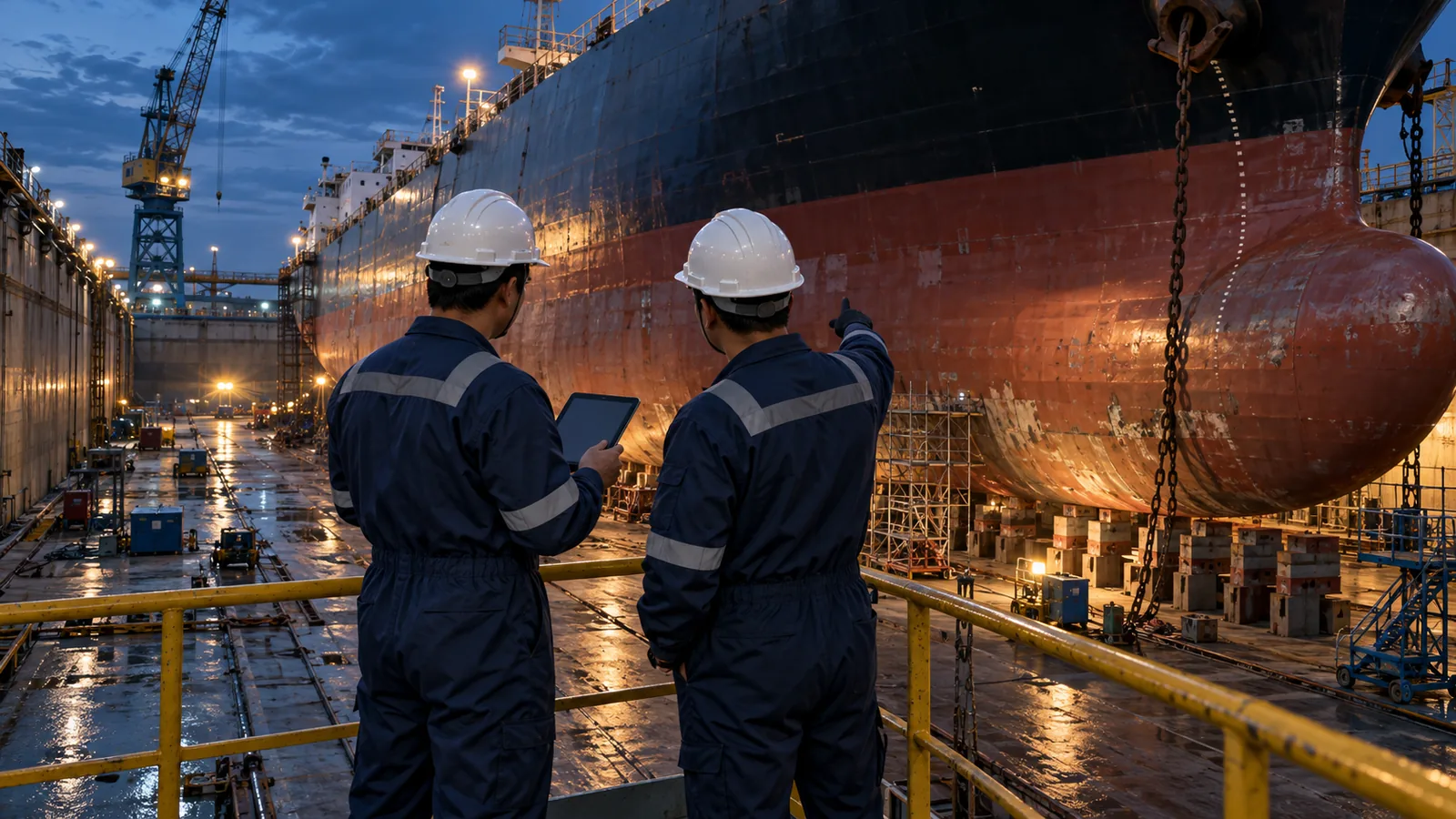 Illustration of marine specialists inspecting a commercial ship hull in dry dock