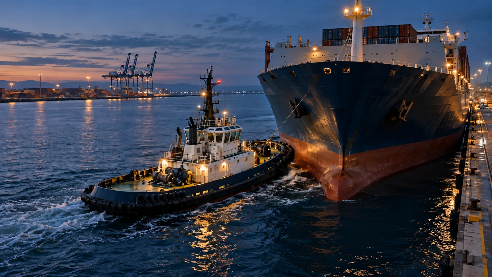 Illustration of a harbor tug assisting a larger commercial vessel alongside a quay